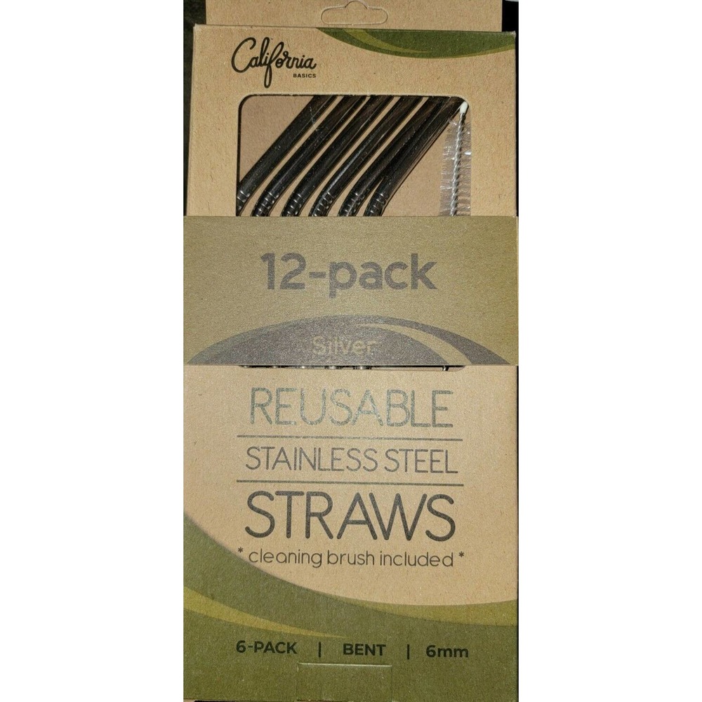 12pk Stainless Steel Silver Drinking Straws Reusable California Basics NEW NIB